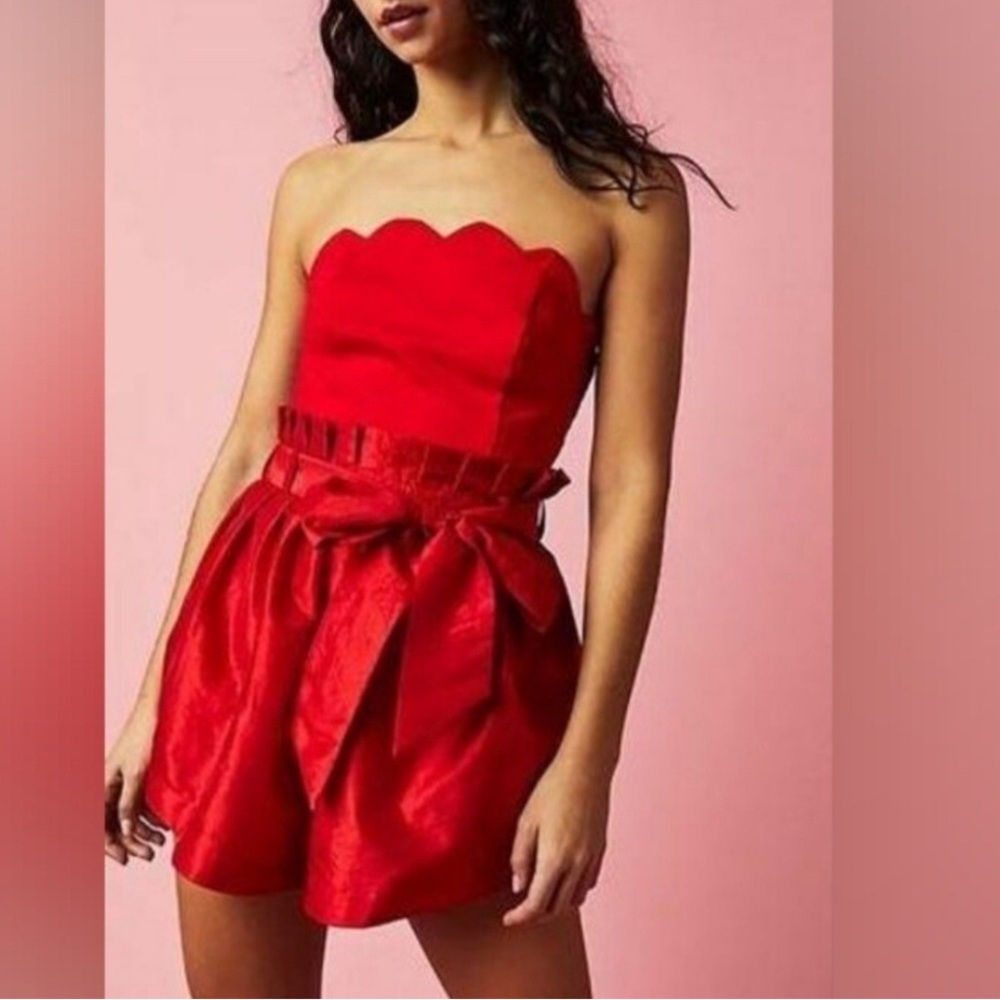 NWT Free People Filmore Romper Red Strapless XL NWT Mixed Media Belted Waist